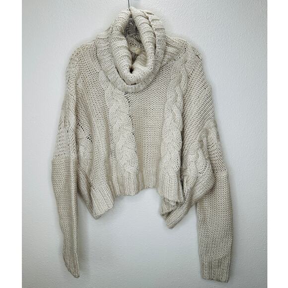 Lovestitch Tan Chunky Cable Knit Turtleneck Oversized Cropped Sweater S - Picture 1 of 11